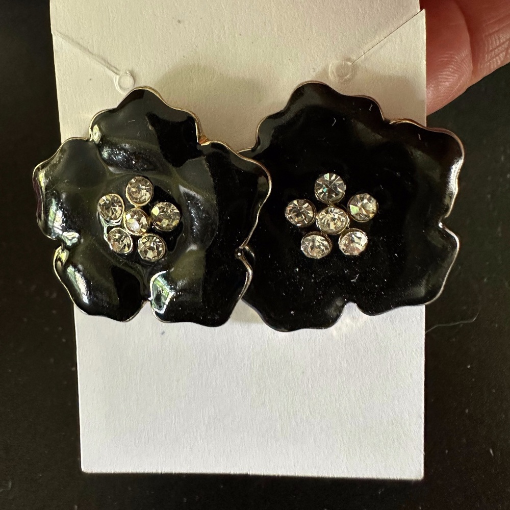 Gold Tone Black Enamel Flower Earrings  With Clear  Rhinestones in the Center